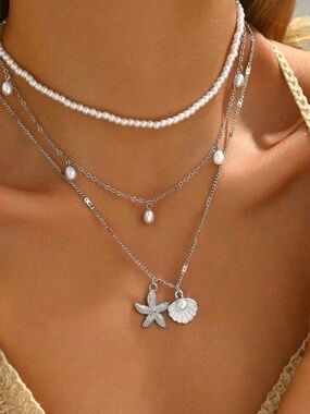 Layered Pearl and Silver Shell Necklace Set